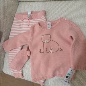Carter's Pink Bear Sweater, Striped Pants & Hat Set